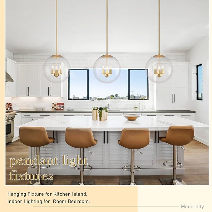 Bagood 14" Globe Pendant Light Contemporary Globe Pendant Lights Kitchen Island 3 Light Gold Mid Century Pendant Light Clear Glass with Brass Finish Adjustable Hanging Light Fixture for Dining Room
