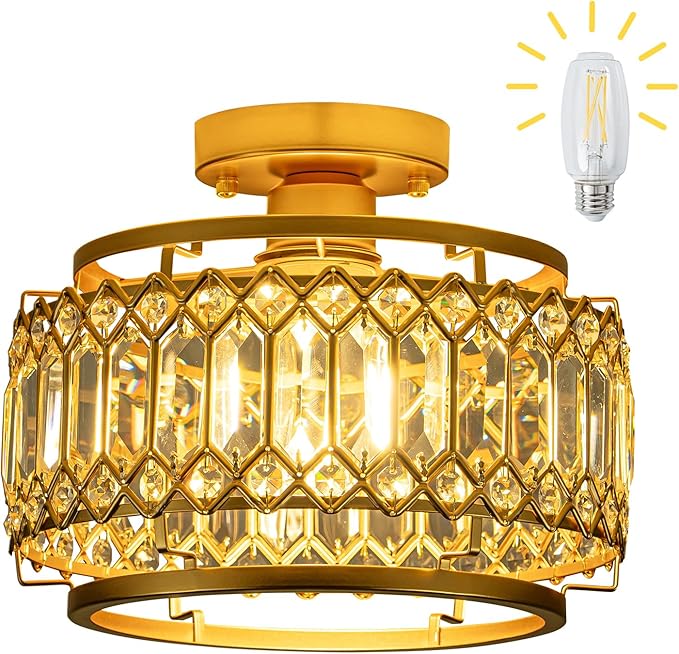 Modern Gold Crystal Flush Mount Ceiling Light with LED Bulb (50% Brighter) – 11.4" Dimmable Chandelier for Dining Room, Bedroom – Reinforced Iron Frame & K9 Crystals – Easy Install