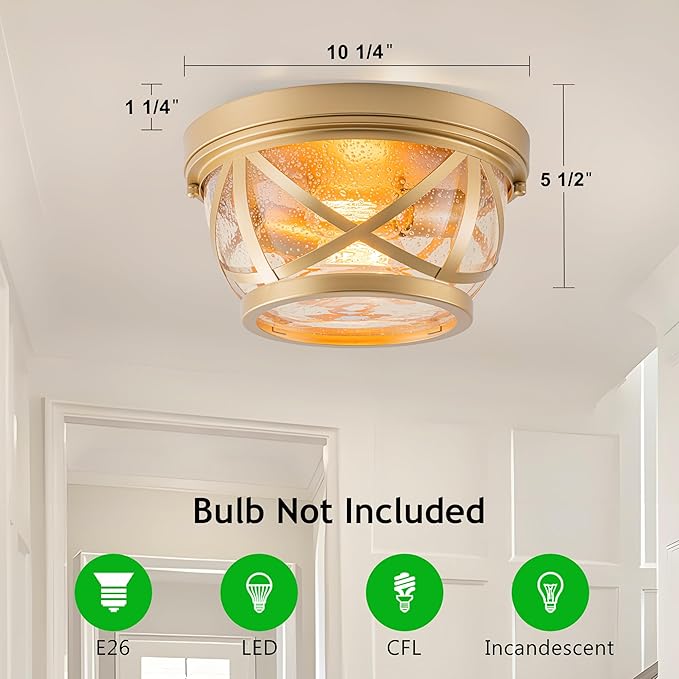 Flush Mount Ceiling Light Fixture Gold, 2-Light Modern Farmhouse Porch Light Ceiling Mount for Outdoor, Indoor Flush Mount Light Fixture for Hallway Foyer Kitchen Bathroom with Seeded Glass