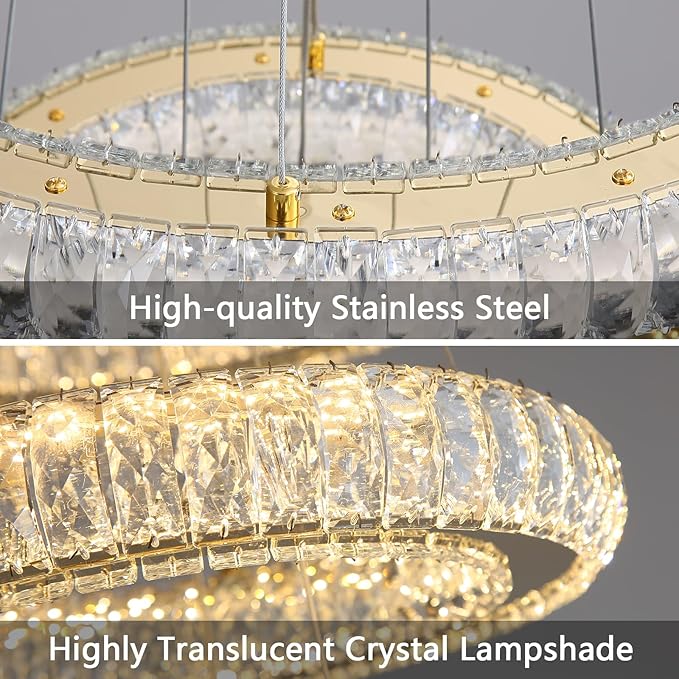 HAIXIANG Modern Chandelier Crystal LED Dimmable Ring Pendant Lights Adjustable Hanging Lighting Chandeliers Fixtures for Dining Room Bedroom Kitchen Island Table Gold Light