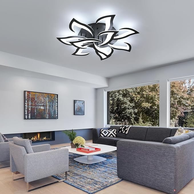 Goeco Dimmable Ceiling Light, 10-Petals Flower Light Fixture with Remote Control and App, 3000K-6500K Modern LED Ceiling Light for Living Room, Bedroom, Kitchen, Black