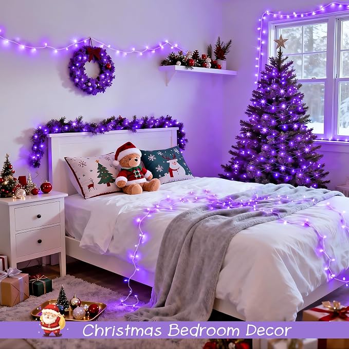 JMEXSUSS 2 Pack 100 LED Purple Christmas Lights Indoor, 33ft Clear Wire Purple String Lights Outdoor Waterproof, 8 Modes Connectable Christmas Tree Lights for Xmas Tree Yard Bedroom Porch Decorations