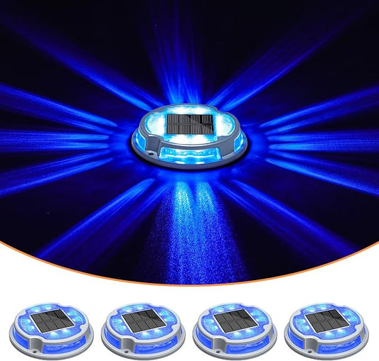 VOLISUN Solar Driveway Deck Lights Dock Marine Lights,4 Pack Solar Ground Light 2 Colors in 1 led Waterproof,Driveway Marker Light for Pathway Warning Step (White/Blue),Auto On/Off