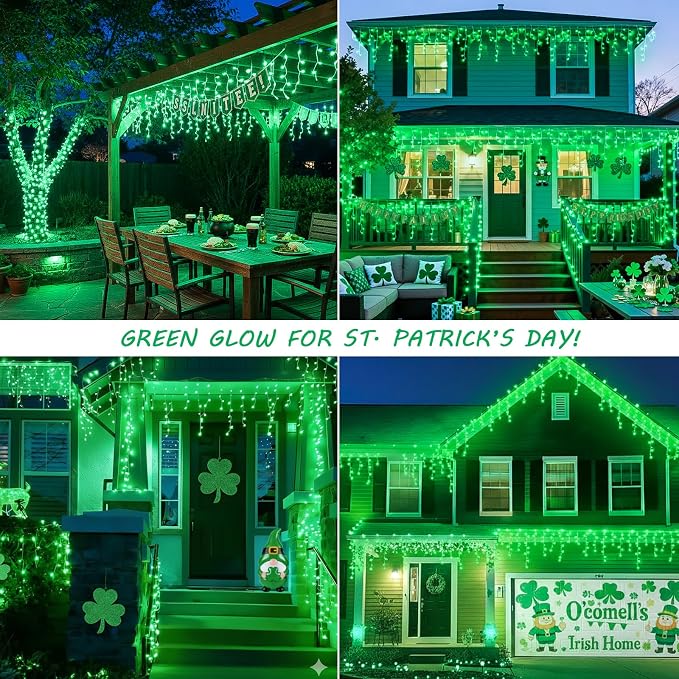 Hopolon Green Christmas Icicle Lights, 33FT 360 LED 60 Drops | Waterproof connectable curtain string lights with 8 modes and memory, for outdoor St. Patrick’s Day, party, holiday decor