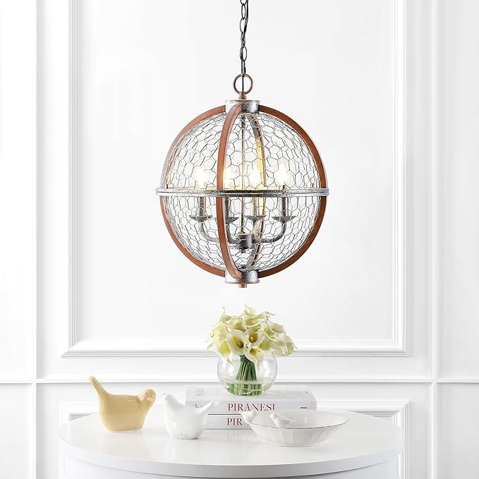 JONATHAN Y 16" Antiqued Silver/Brown 4-Light Iron Pendant Light, Rustic French Country Globe Chicken Wire Chandelier for Kitchen Island, Adjustable Height, LED Bulbs Included JYL7518A