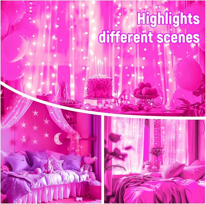 HXWEIYE 300LED Untangled Curtain Lights, 9.8x9.8Ft USB Fairy Twinkle String Lights with Remote and DIY Timer, 8 Modes Window Wall Hanging Light for Bedroom Dorm Backdrop Room Decor, Pink