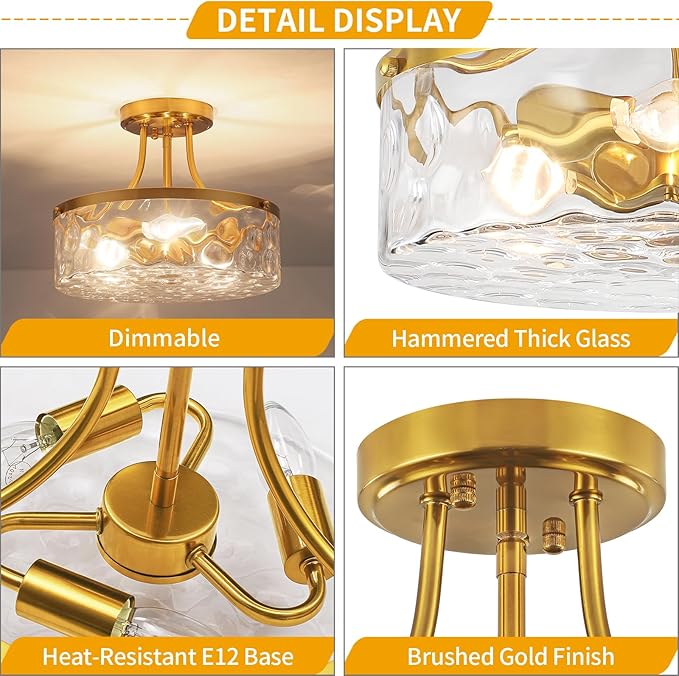 11.81" Modern Gold Semi Flush Mount Ceiling Light Hammered Glass Hallway Light Fixtures Entryway Light Fixture 3-Light Lighting Fixtures for Kitchen Island Dining Room Bedroom Laundry Room Lighting