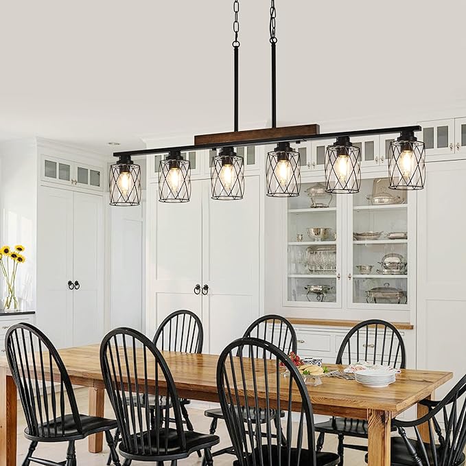 6-Light Dining Room Light Fixture/Chandelier Over Table, Island Lighting Hanging for Farmhouse Linear Chandeliers Matte Black Rustic Wood Ceiling Pendant Light Fixtures, with Clear Glass Shade