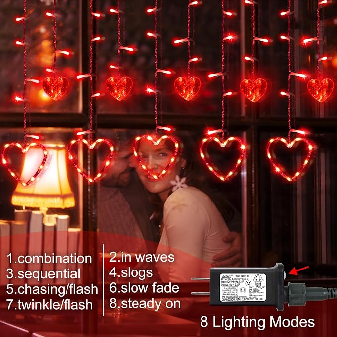 Valentine's Day Red Curtain Lights with 12 Hearts, 138 LED Heart-shaped String Lights 8 Lighting Modes, Plug in Waterproof Valentines Day Lights for Indoor Outdoor Party Wedding Valentine's Day Decor