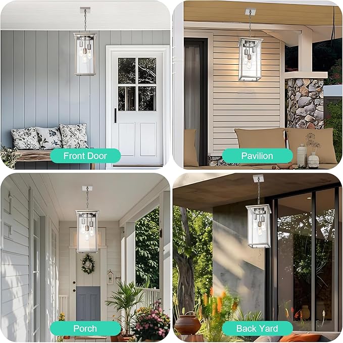 Yaohong Large Outdoor Chandelier for Porch, 3-Light Brushed Nickel Outdoor Pendant Light Fixture Rust-Resistant Metal with Clear Glass, Adjustable Exterior Pendant Light for Porch Entrance Foyer Front