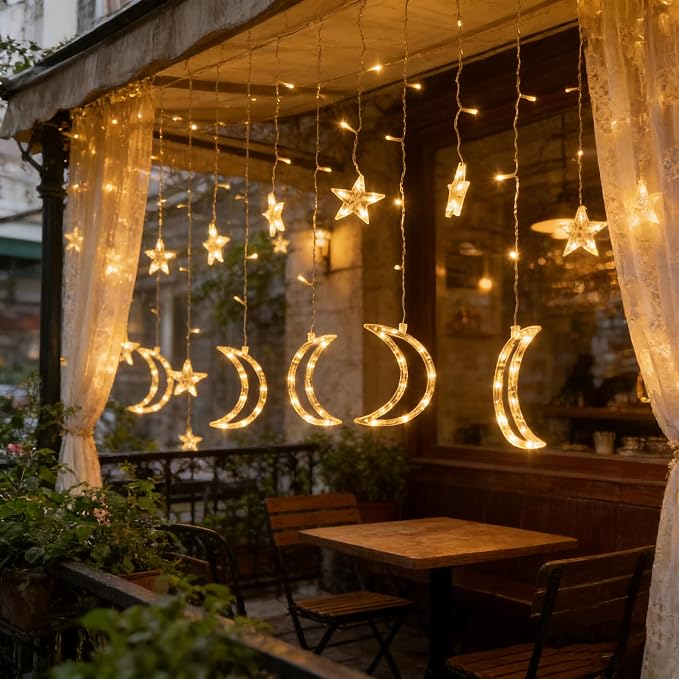 Dazzle Bright Ramadan Curtain String Lights, 138 LED 8.2 FT Warm White Star Moon Window Lights with Timer and 8 Lighting Modes, Waterproof Ramadan Decorations for Bedroom Wall Wedding Outdoor Party
