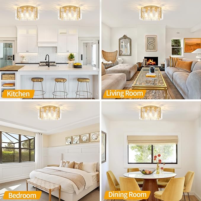 18.5'' Modern Gold Semi Flush Mount Ceiling Light, 4-Light Glass Drum Light Fixtures, Ceiling Lights for Hallway Foyer Entryway Bedroom Kitchen Island Dining Room Living Room Bathroom Lighting Fixture