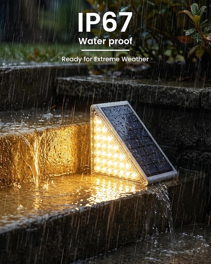 NIORSUN Outdoor Step Lights, Upgraded 28 LEDs 2 Brightness Modes, IP67 Waterproof Solar Stair Lights for Outside Steps, 1200mAh Battery Long Runtime Warm White for Patio Deck Yard Porch, 12 Pack