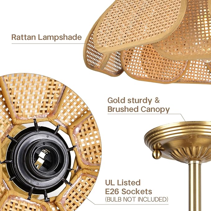 14" Boho Rattan Ceiling Light Fixture, Gold Semi Flush Mount Wicker Lamp with Hand-Woven Petal Shade, Modern Rustic Bohemian Lighting for Bedroom Living Room Kitchen Dining Room Hallway