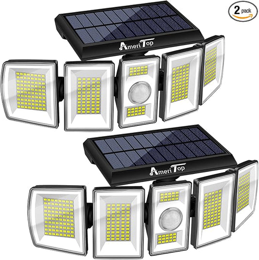 AmeriTop Solar Lights Outdoor 300 LED 7000K Motion Sensor Lights Cordless; 5 Adjustable Heads, 360° Wide Angle Illumination, IP65 Waterproof, Security LED Flood Light for Patio Yard Garden 2 Pack