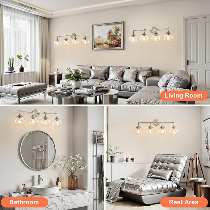 Bathroom Vanity Light with Clear Glass Shade, E26 Base 4-Light Bathroom Light Fixtures Over Mirror, 31 Inch Vanity Lights for Bath (Exclude E26 Bulb)