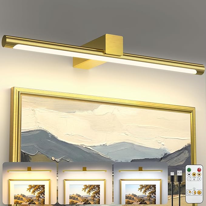 Bridika Metal Picture Light for Wall 15.7inch, Battery Operated Art Light for Paintings Wireless with Remote & Timer, 3 CCT, Dimmable Wall Lights for Picture, Gallery, Artwork,Portrait Gold 1