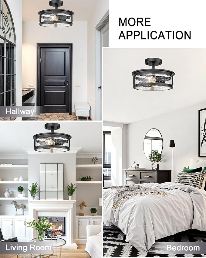 2-Light Semi Flush Mount Ceiling Light Fixture, Industrial Farmhouse Lighting, Black Matte Metal Hallway Ceiling Light with Seeded Glass for Bedroom,Living Room,Kitchen,Entryway,Dining Room