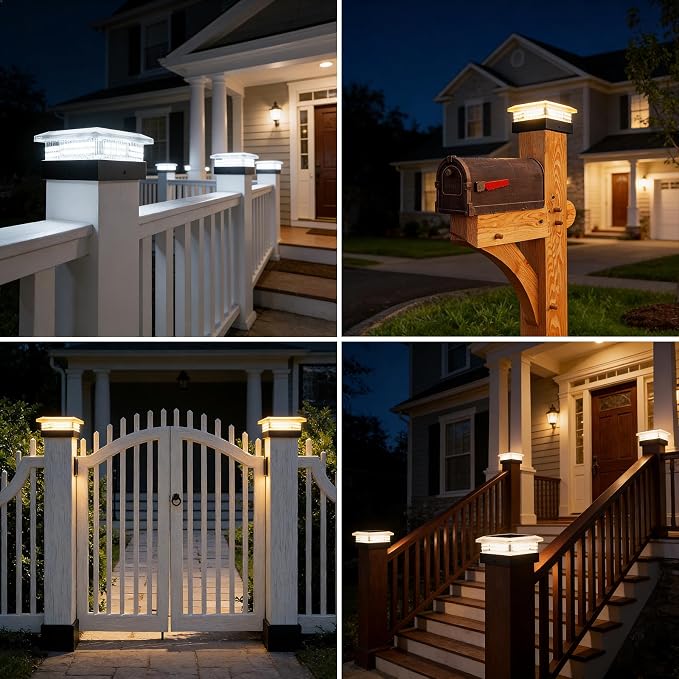 4x4 96 LED Post Solar Lights 4 Pack, 4 Lighting Modes Solar Post Cap Lights for 4x4 3.5x3.5 Wood/Vinyl Posts, Ip67 Waterproof Fence Deck Post Lights Solar Powered for Patio Porch, Black