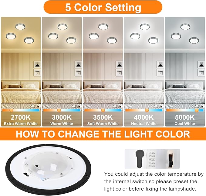 4 Pack 7.5 Inch Round Black Ceiling Light Fixture for Hallway Bedroom - 7.5” Black LED Flush Mount Ceiling Lamp Set of Four 2700K/3000K/3500K/4000K/5000K LED Kitchen Bathroom Light 12W