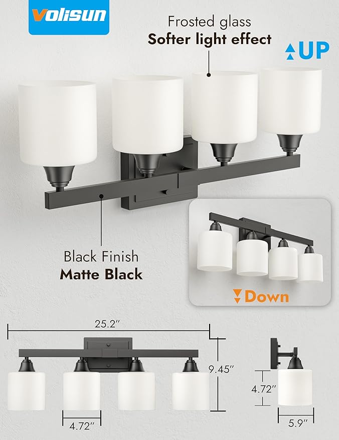 VOLISUN Matte Black Bathroom Light Fixtures, 4-Light Bathroom Vanity Lights Over Mirror, Modern Vanity Light for Bathrooms, Bathrooms Lights Fixtures Over Mirror with Milky White Frosted Glass Shades