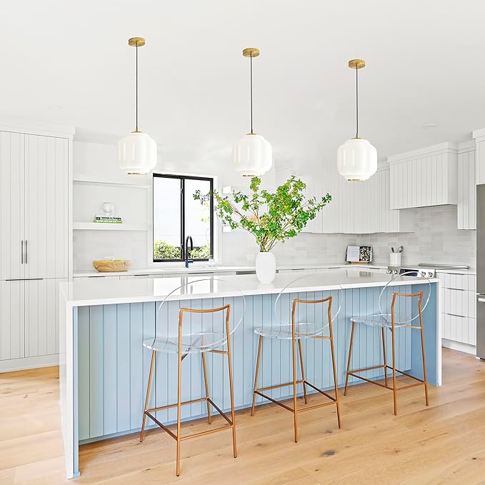 Vintage Milk Glass Pendant Lights Kitchen, Brass Color Glass Ceiling Light Fixture, Retro Industrial Pendant Lighting for Dining Room, Kitchen, Bedroom, Entryway, Hallway (White and Gold, 7in)