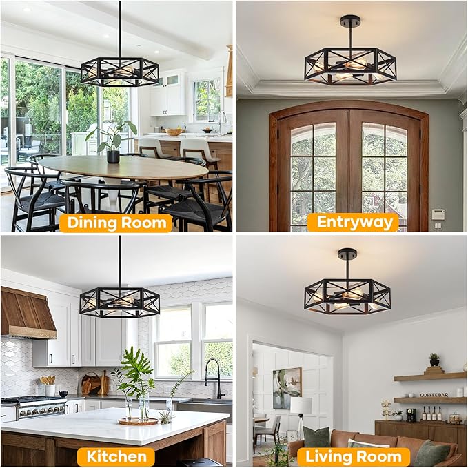 Black Semi Flush Mount Ceiling Lights, Sloped Dining Room Light Fixture Farmhouse Hexagon Chandelier, Kitchen Island Pendant Lighting Adjustable Height for Entryway Hallway Foyer