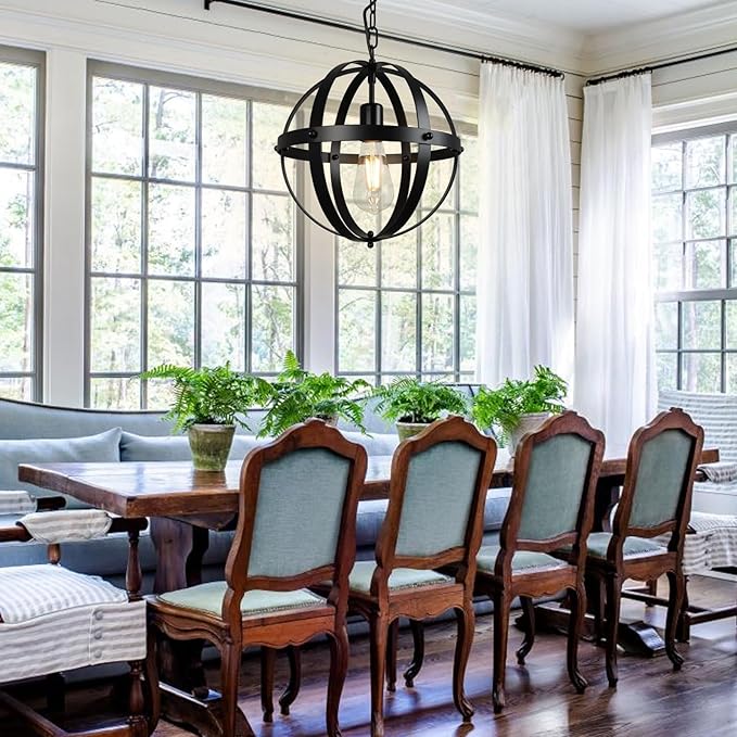DLLT Vintage Globe Pendant Hanging Light, Matte Black, 1-Light, E26 Base, Ideal for Dining Room, Kitchen Island, Living Room, Home Office
