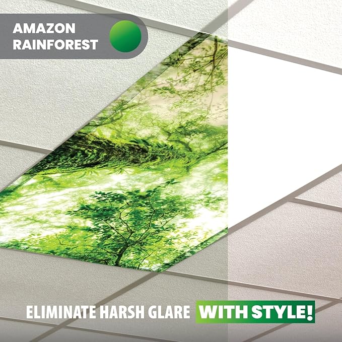 ShadeOn Fluorescent Light Covers for Ceiling Lights (8-Pack) - 2x4 ft Magnetic Light Covers for Ceiling Lights Classroom and Office, Glare Reducation for Fluorescent Lights - Amazon Rainforest