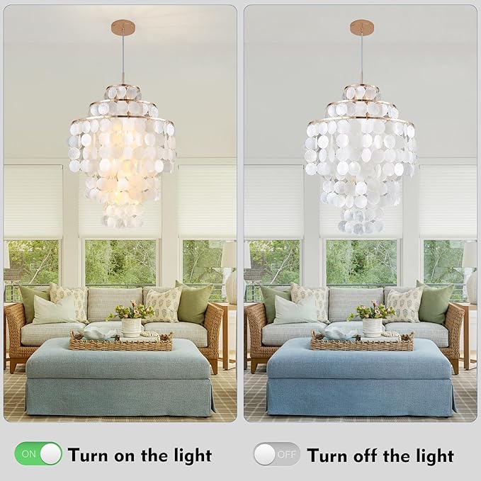 Capiz Shell Chandelier,18" Gold Coastal Chandelier Light Fixture with 4 Lights Capiz Seashell Pendant for Living Room Foyer Kitchen Island Entryway Dining Room Bedroom,LED Bulb Included
