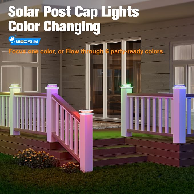 NIORSUN Solar Post Cap Lights Outdoor Waterproof, 4x4 Post Solar Lights RGB Color Changing, Fence Posts Solars Light for Deck Patio Garden Deco, 4x4 Posts Caps Wood Vinyl, 5x5 Vinyl, 6 Pack (White)