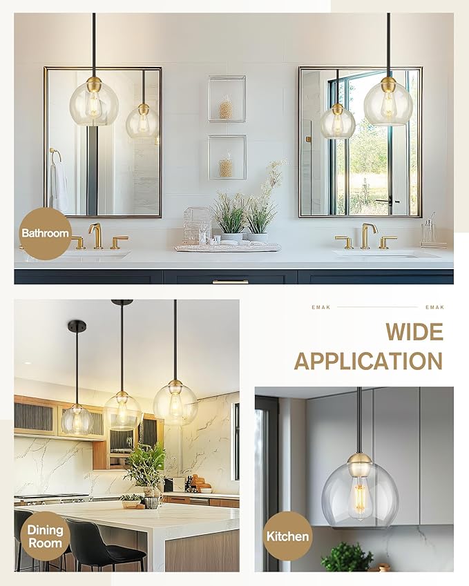 Emak Black and Gold Pendant Light, 8 Inch Globe Pendant Lights Kitchen Island with Clear Glass Shade, Modern Farmhouse Hanging Lights for Kitchen, Dining Room, Bar, PL121-BKBGD-CG