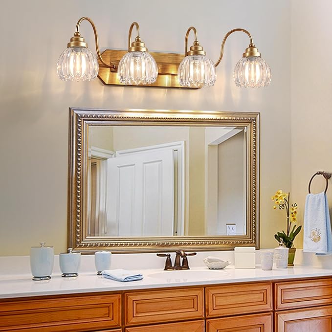 Gold Vanity Light, Vintage Bathroom Light Fixtures, 4-Light Matte Antique Brass Finish with Crystal Glass Shade, Mid Century Style Wall Sconces for Bedroom, Living Room
