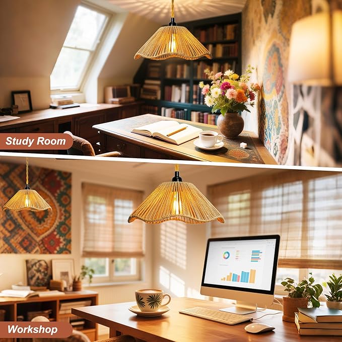 Hanging Lights with Plug in Cord Rattan Hanging Lamp Boho Ceiling Light Fixtures Farmhouse Pendant Lamp Shape for Living Room Bedroom Kitchen