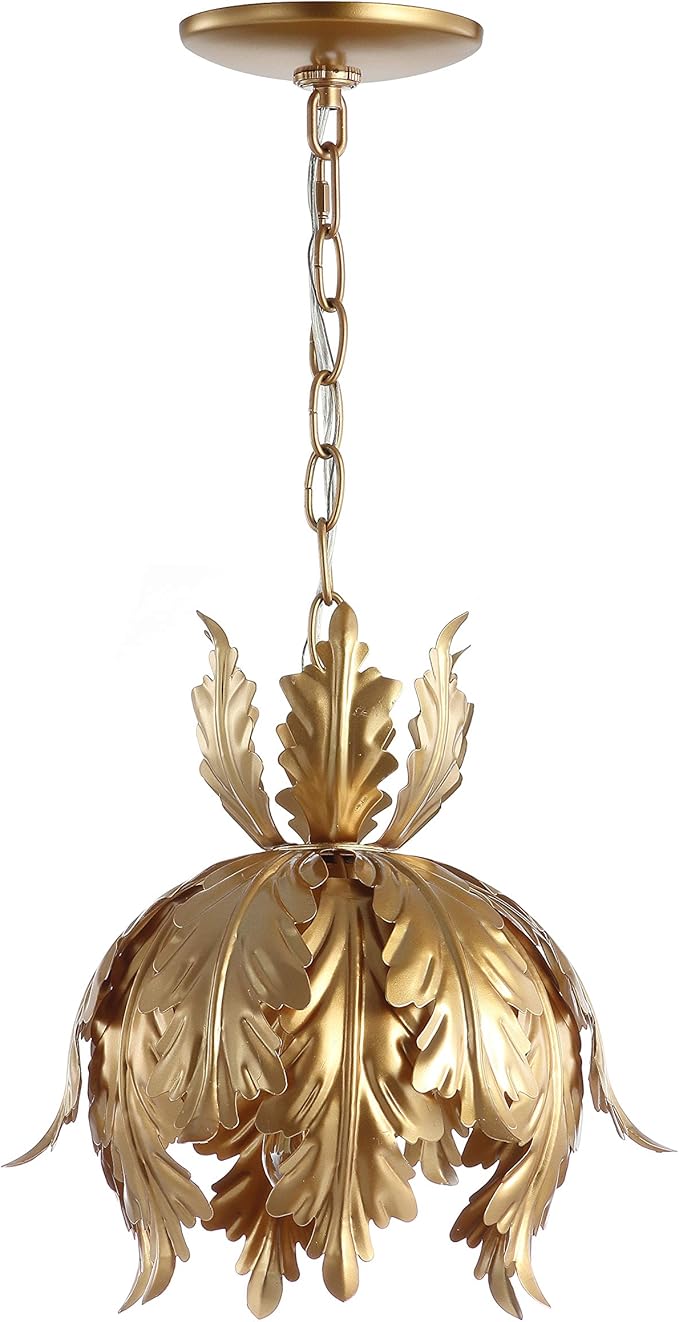 JONATHAN Y 12" Gold 1-Light Iron Pendant Light, Adjustable Height Lotus Leaf Design Hanging Fixture for Bathroom Hallway, Classic French Country, LED Bulb Included JYL9509A