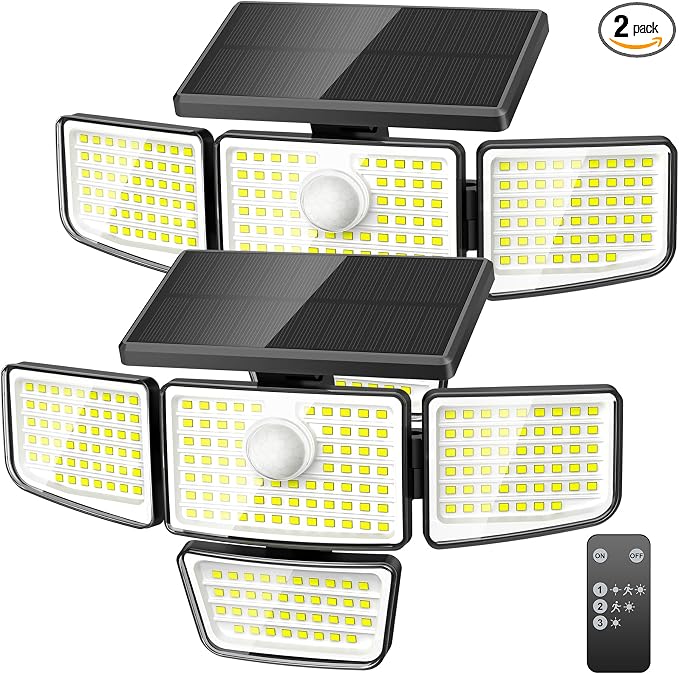 Solar Security Outdoor Lights-3000LM 4 Heads Solar Flood Lights with Motion Sensor, IP65 Waterproof Security Lights with Remote, 270° Wide Angle Flood Wall Lights with 3 Modes for Home Outside, 2 Pack