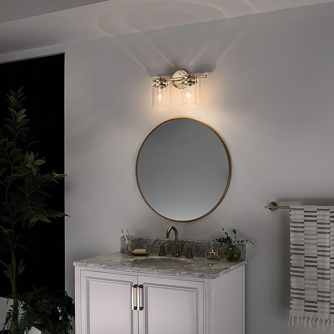 Kichler Brinley 2-Light Bathroom Vanity Light Fixture 15.75 in Industrial Farmhouse with Clear Glass in Champagne Bronze for Mirror Over Sink (15.75 x 10.25 x 6.75 in), 45688CPZ