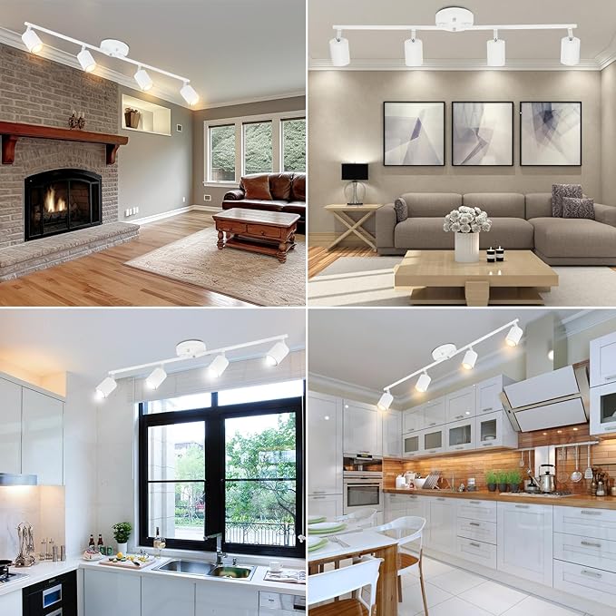 BoostArea LED 4 Light Track Lighting Kit, White 4 Way Ceiling Spot Lighting, Flexibly Rotatable Light Head for Kitchen, Living Room, Bedroom, Bulb Not Included