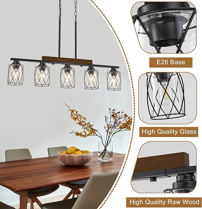 5-Light Dining Room Light Fixture/Chandelier Over Table, Island Lighting Hanging for Farmhouse Linear Chandeliers Matte Black Rustic Wood Ceiling Pendant Light Fixtures, with Clear Glass Shade