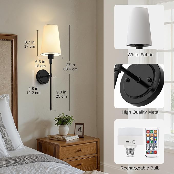 DORESshop Battery Operated Wall Sconce Set of 2, Wireless Wall Light Easy to Install, 15 Color Rechargeable Wall Sconces, Sconce Wall Decor Set of 2 for Bedroom, Living Room, Black, 27in