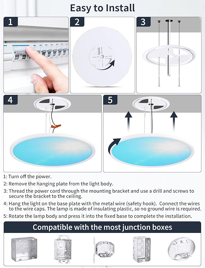 16 Inch Flush Mount Ceiling Light with Blue Sky Cover, Dimmable Ceiling Lamp with Remote, 32W LED Lighting Fixtures Sunlight Effect, Modern Slim Design for Classroom Bedroom Living Room, Round White