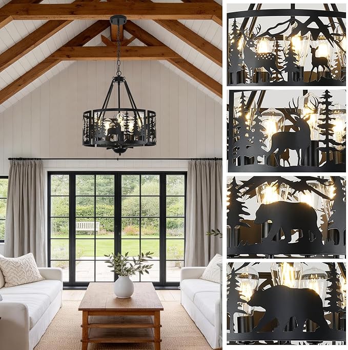 Rustic Ceiling Light Fixtures -Bear Deer Design, 5-Light Farmhouse Adjustable Black Chandelier Pendant Light for Dining Room, Bedroom, Kitchen, Entryway, Living Room (No Bulb Included)
