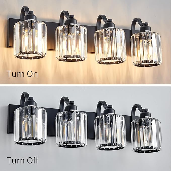 Black 4 Light Fixtures Bathroom Vanity Light Crystal Modern Vanity Over Mirror for Bathroom with Crystal Round Shade (Exclude Bulb)