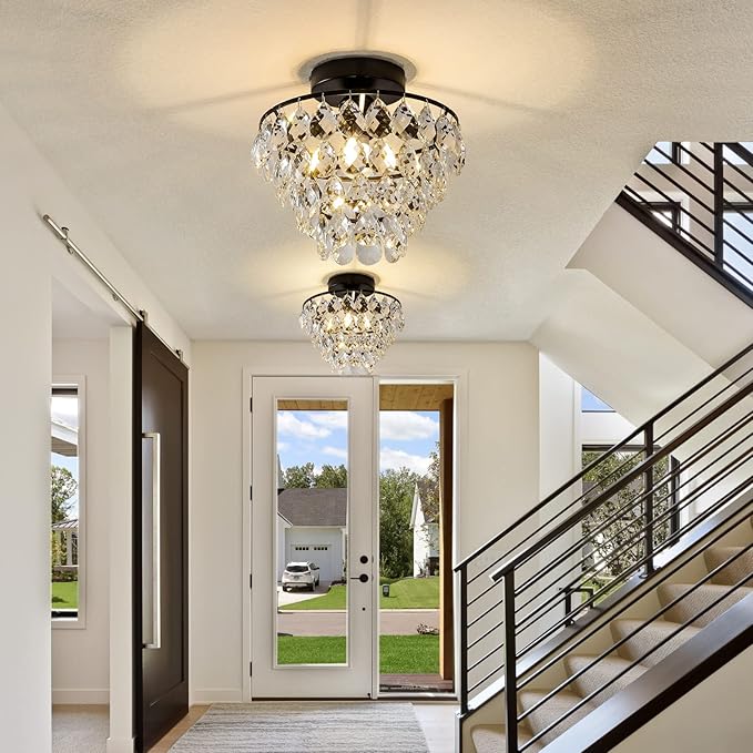 CM MZY Modern Small Crystal Ceiling Light Fixture, Matt Black Semi Flush Mount Ceiling Light Fixture, Mini Crystal Chandeliers for Hallway Bedroom Bathroom Closet Bedroom Foyer
