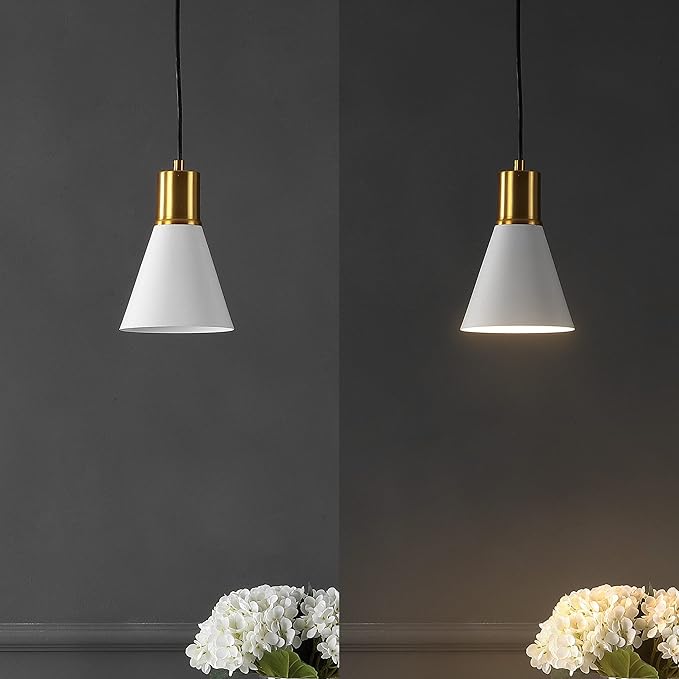 JONATHAN Y 6" White/Brass Gold 1-Light Apollo Mid-Century Modern Iron LED Pendant, Black Metal Shade, Adjustable Hanging Ceiling Light for Kitchen Island, Hallway, LED Bulb Included (JYL6131B)