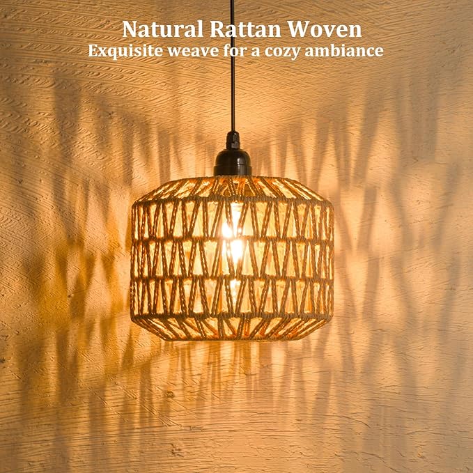Battery Operated Outdoor Chandelier, Battery Power Hanging Pendant Lights, Woven Rattan Gazebo Light Outdoor Waterproof, for Gazebo, Pergola, Porch, Indoor Outdoor Decor Lighting (7.8")