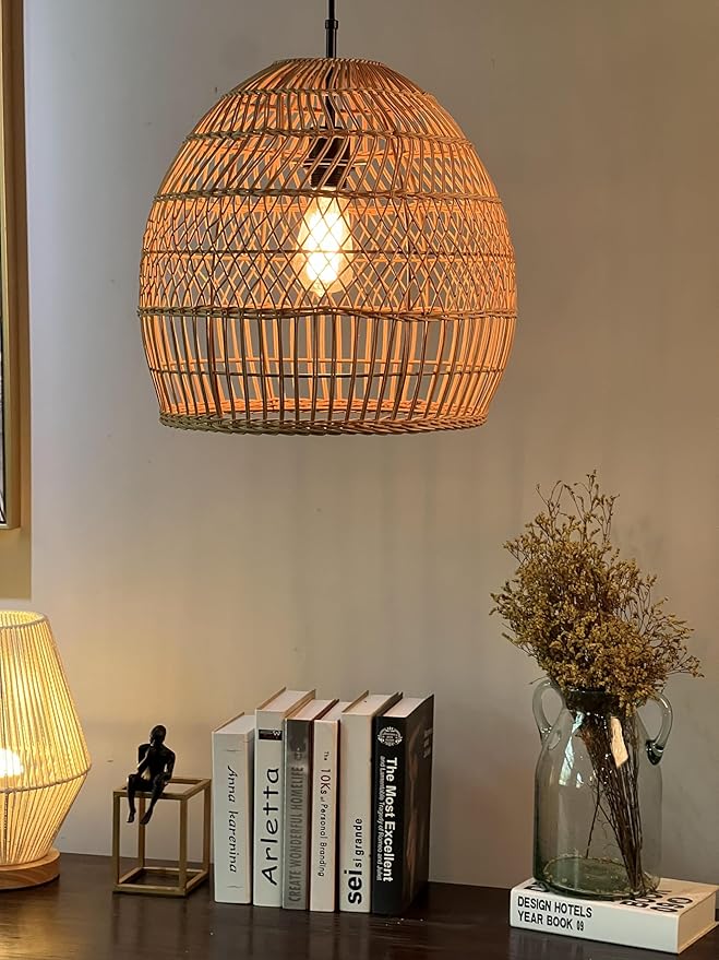ELYONA 16” Large Boho Rattan Chandelier, Modern Rustic Wicker Pendant Light Fixtures, Basket Hand Woven Hanging Lamp for Coastal Kitchen Island Dining Room Living Room Bedroom Foyer (40cm*40cm)