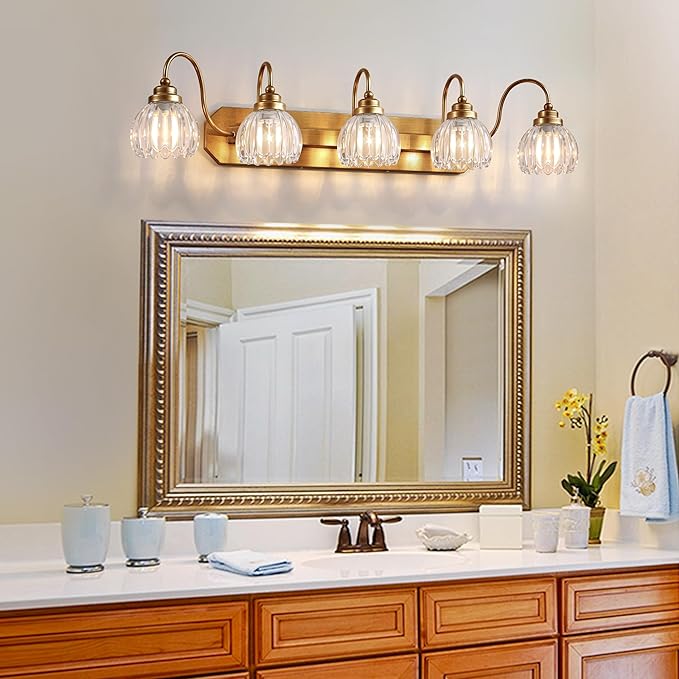 Gold Vanity Light, Vintage Bathroom Light Fixtures, 5-Light Matte Antique Brass Finish with Crystal Glass Shade, Mid Century Style Wall Sconces for Bedroom, Living Room