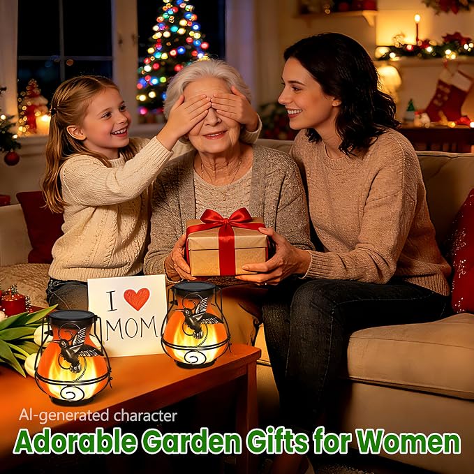Solar Lanterns Outdoor Waterproof Hummingbird Hanging Solar Lantern Outdoor Garden Decoration Gifts for Mom Grandma Flickering Flame Lights 4 Packs
