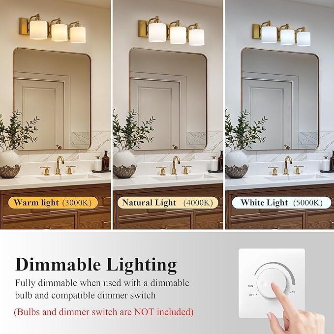 Mecgirn Stainless Steel Milk Glass Vanity Lights for Bathroom, 3 Light Gold Bathroom Light Fixtures Over Mirror, Ceramic E26 Sockets Wall Mounted